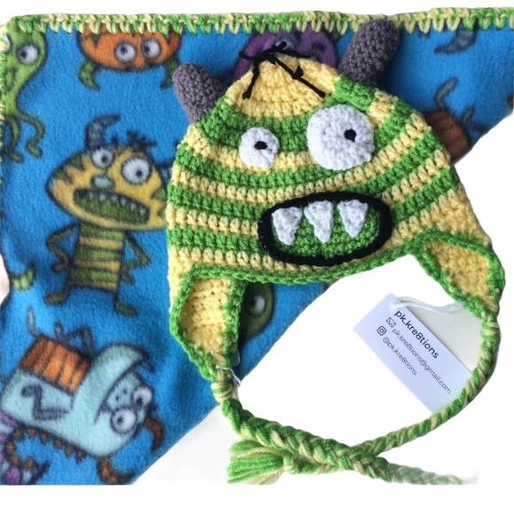 Handmade Crochet Monster hat & fleece lovey - Picture 7 of 7